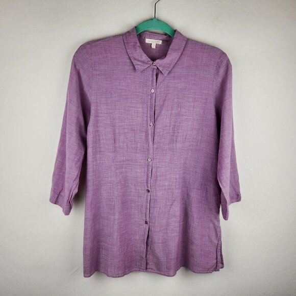 Eileen Fisher Purple Lightweight 3/4 Sleeve Button Up Tunic Blouse sz M - Picture 1 of 10